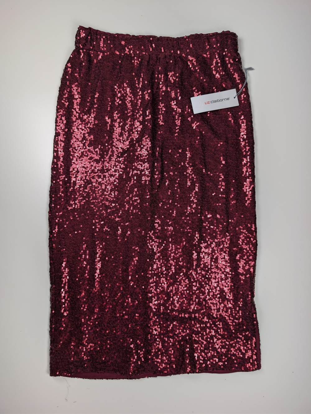 Liz Claiborne Womens S Sequin Pencil Skirt Burgundy Wine Red Midi NWT